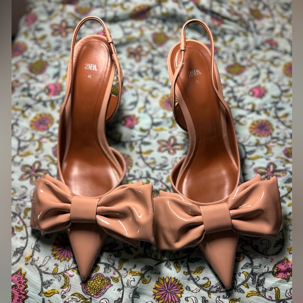 Zara Big Bow nude tan heels